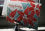 Poinsettia letterpress holiday card, green, red, Christmas, plants