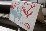 Reindeer letterpress holiday card, green, red, Christmas, child's