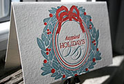Trumeau letterpress holiday card, green, red, Christmas, wreath