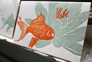 Koi letterpress note card, goldfish, flower, green, orange