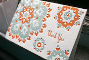 Crochet letterpress thank you card, patterning, green, orange