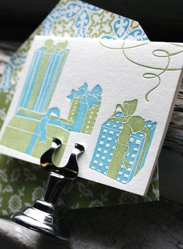 Presents letterpress gift tags, blue, green