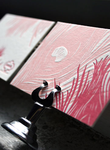 Plume peacock feather pink red letterpress gift tags
