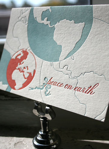 Peace on Earth letterpress holiday card, green, red, Christmas, Earth