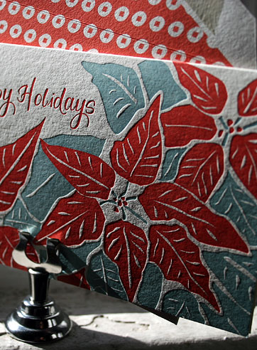 Poinsettia letterpress holiday card, green, red, Christmas, plants