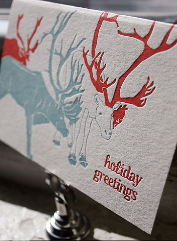Reindeer letterpress holiday card, green, red, Christmas, child's