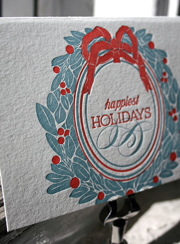 Trumeau letterpress holiday card, green, red, Christmas, wreath