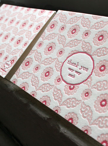 chiffon letterpress pink red thank you card