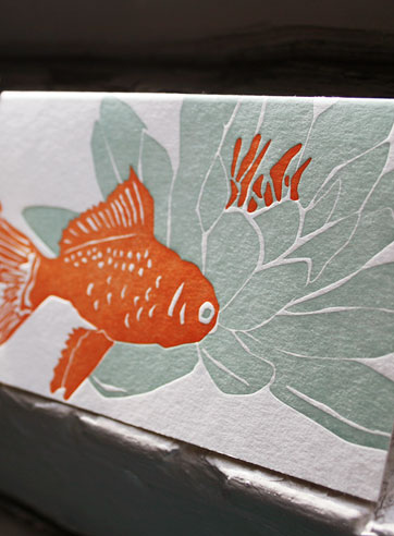 Koi letterpress note card, goldfish, flower, green, orange