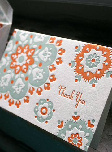 Crochet letterpress thank you card, patterning, green, orange
