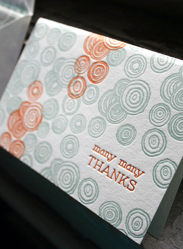 Piedmont letterpress thank you card, spirals, green, orange