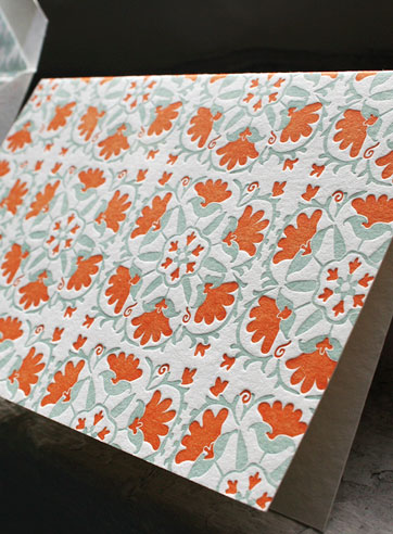 Suzani letterpress note card, patterning, green, orange