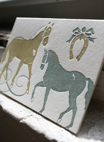 Thoroughbred letterpress note card, gray, taupe, horses