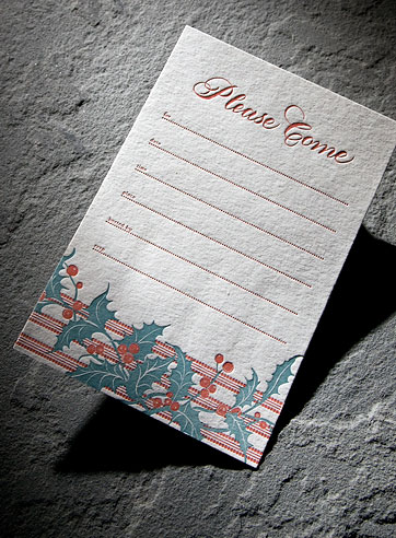 Holly letterpress holiday party card