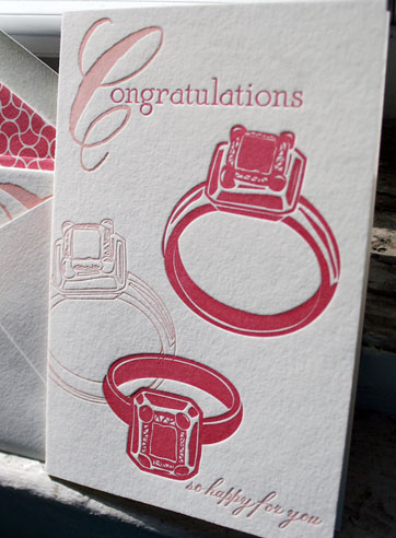 Rings congratulations wedding pink red letterpress greeting card