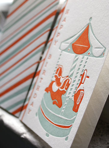 Carousel children's letterpress birthday card, green, orange, and stripes
