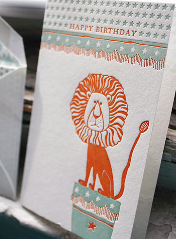 Circus child's letterpress birthday card, lion, green, orange