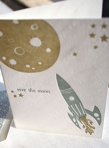 Over the Moon child's congratulations letterpress greeting card, boyish, boy