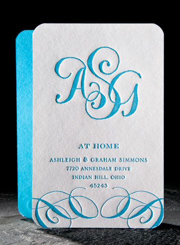 Loire calligraphy monogram letterpress stationery, business cards, at home cards, blue, gray
