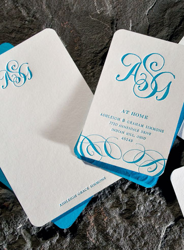 VIEW WIDE IMAGE Loire calligraphy monogram letterpress stationery, business cards, at home cards, blue, gray