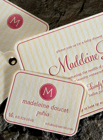 Seine monogram letterpress stationery, business cards, stripes, yellow, pink