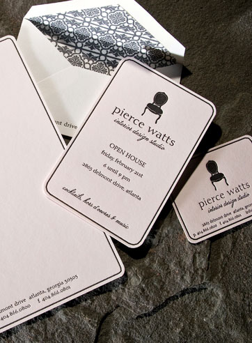 Therain modern letterpress stationery, letterpress business cards, letterhead, pink, black, gray