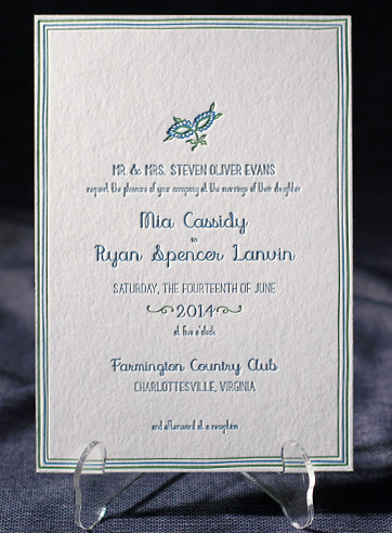simplistic letterpress wedding invitation grass peacock playful previous
