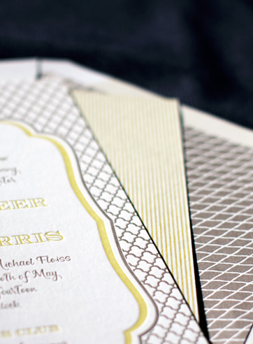 vintage letterpress wedding invitation chartreuse taupe framed