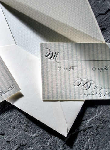blue and gray letterpress wedding invitation, calligraphy, custom, stripes