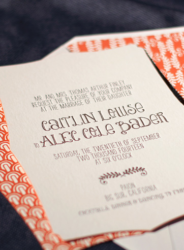 vintage modern letterpress wedding invitation espresso mango rustic